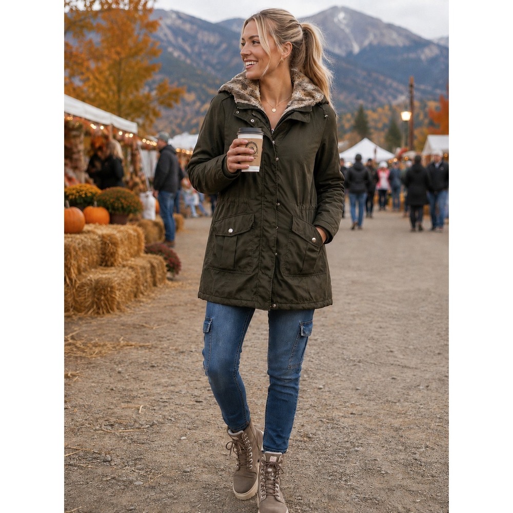 London Fog Womens Utility Parka Jacket Olive Green Faux Fur Hood/Collar Sz Small